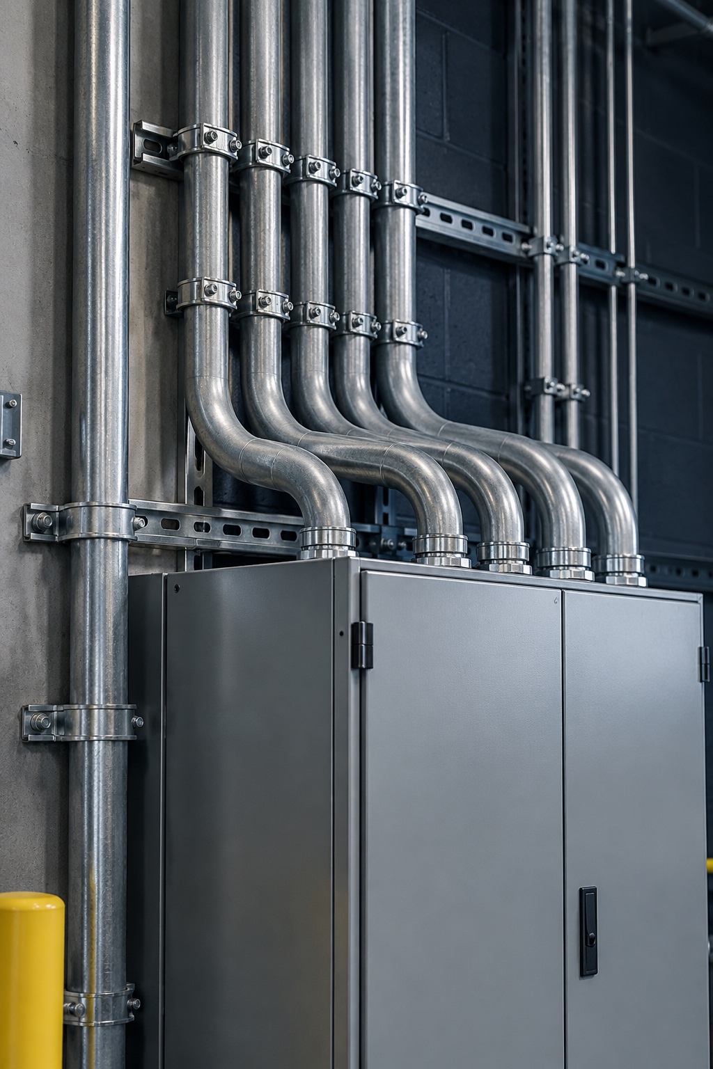 AI-generated concept of conduits entering a closed electrical cabinet.