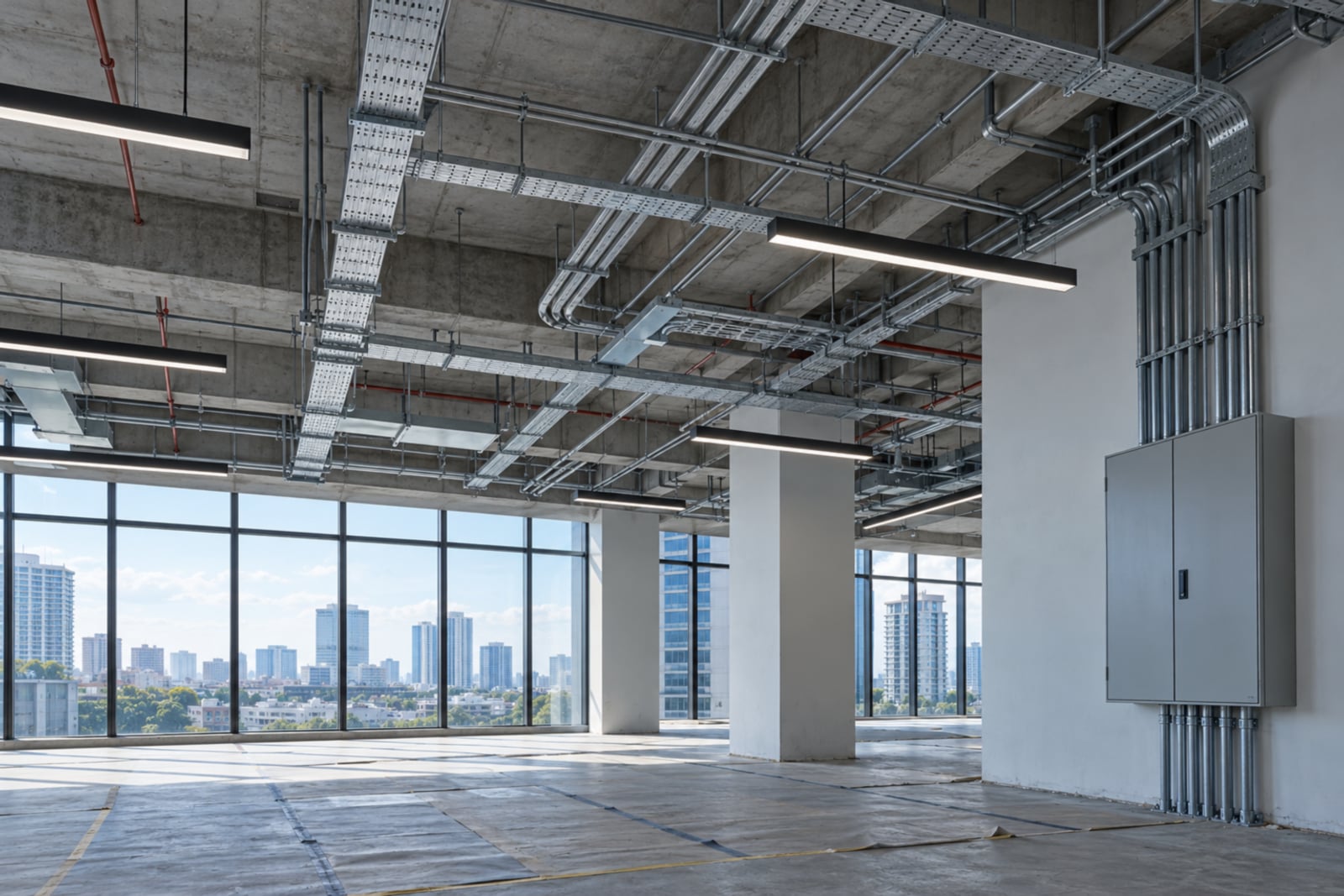 AI-generated concept of a commercial fit-out with ceiling cable trays, conduits and lighting.