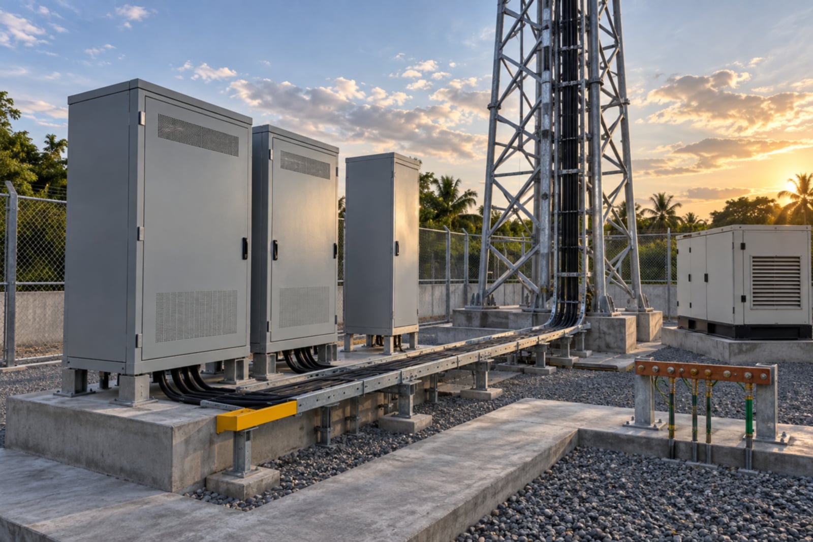 AI-generated concept of outdoor telecommunications cabinets, cable ladder and a tower base.