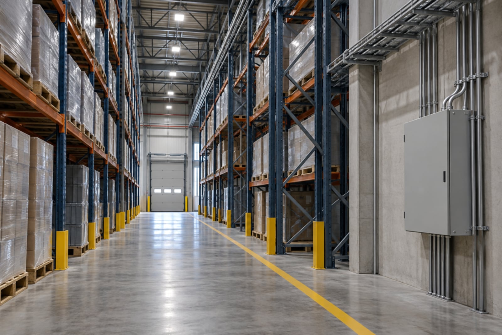 AI-generated concept of a warehouse aisle with high-bay lighting, cable ladder and a closed distribution board.
