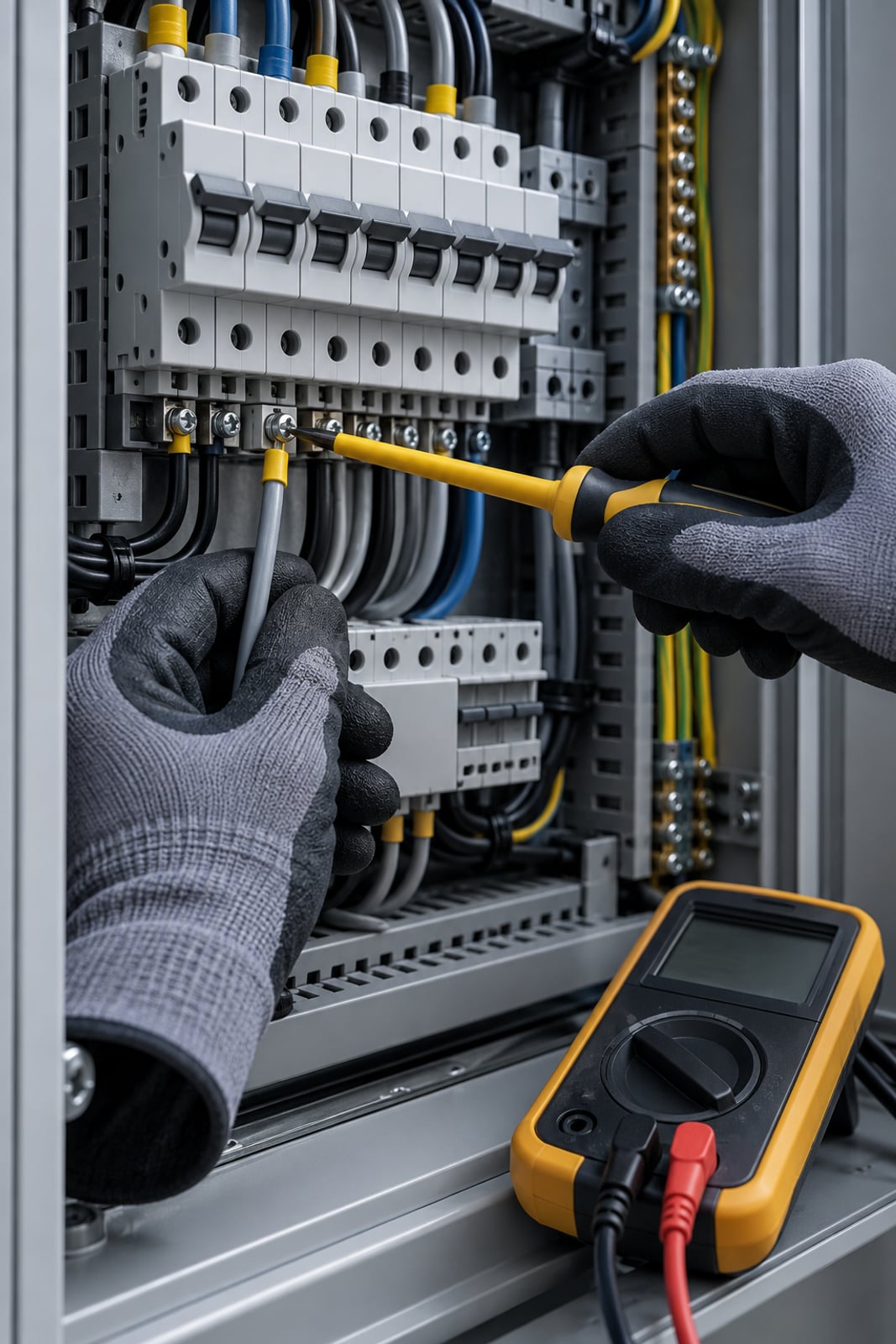 AI-generated concept of gloved hands terminating a cable in a tidy, de-energized distribution board.